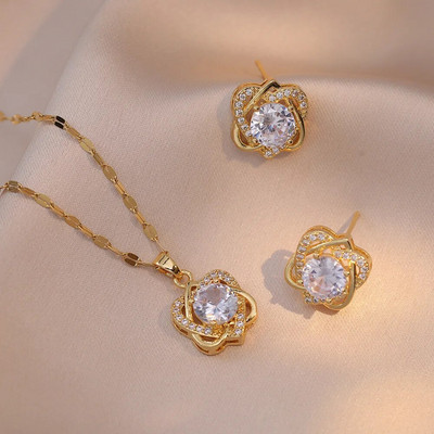 Vestuvių žalio akmens apvalūs auskarai ir kaklo karoliai moterims aukso spalvos cirkonio vestuvių gimtadienio papuošalų rinkiniai