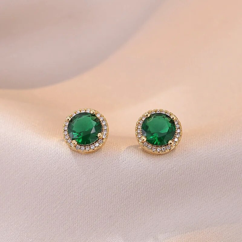 Vestuvių žalio akmens apvalūs auskarai ir kaklo karoliai moterims aukso spalvos cirkonio vestuvių gimtadienio papuošalų rinkiniai