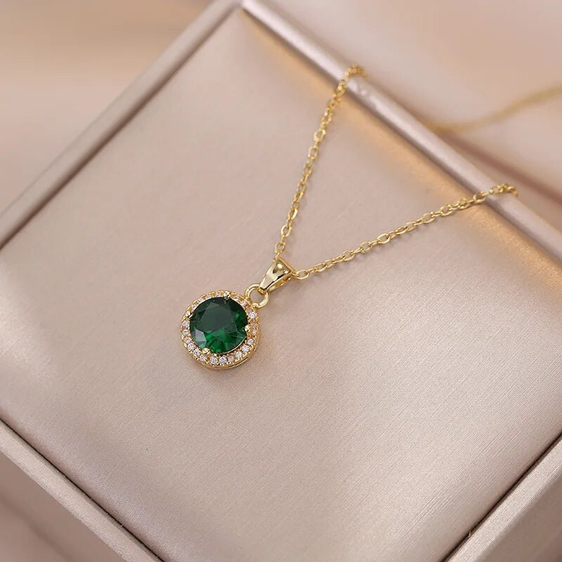 Vestuvių žalio akmens apvalūs auskarai ir kaklo karoliai moterims aukso spalvos cirkonio vestuvių gimtadienio papuošalų rinkiniai