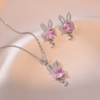 Σετ Νυφικά Κοσμήματα Οβάλ Ροζ Ζιργκόν Animal Rabbit Stud Σκουλαρίκια Μενταγιόν Κολιέ κλείδας για γυναίκες Ασημί Χρώμα Δώρα για πάρτι