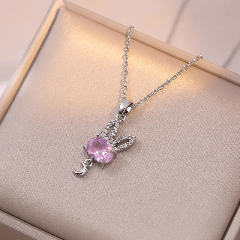 Σετ Νυφικά Κοσμήματα Οβάλ Ροζ Ζιργκόν Animal Rabbit Stud Σκουλαρίκια Μενταγιόν Κολιέ κλείδας για γυναίκες Ασημί Χρώμα Δώρα για πάρτι