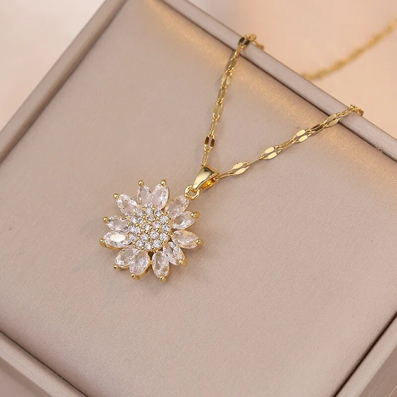 Luksuslikud valged tsirkoonist suured päevalillest kõrvarõngad ja ripatsid roostevabast terasest ketid kaelakeed naistele pruudi ehete komplektid kingitus