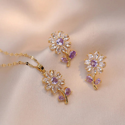 Ins Plant saulėgrąžų auskarai ir pakabukai nerūdijančio plieno grandinės karoliai moterims violetinės cirkonio apykaklės papuošalų rinkiniai dovanos