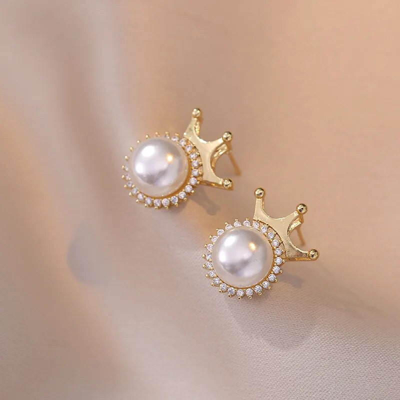 OL Style Crown Stud kõrvarõngad ja ripatsid roostevabast terasest ketid kaelakeed naistele imitatsioon pärlitega pruudi pulma ehete komplektid