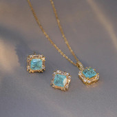 Luksuslik sinine jäälille ruudukujulised kõrvarõngad ja kaelakeed naistele ehtekomplektid kullavärvi pulmade kihluskomplektid kingitused