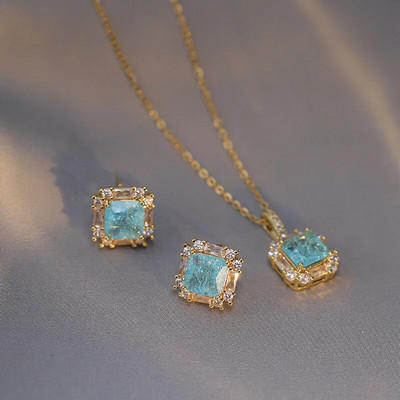 Luksuslik sinine jäälille ruudukujulised kõrvarõngad ja kaelakeed naistele ehtekomplektid kullavärvi pulmade kihluskomplektid kingitused