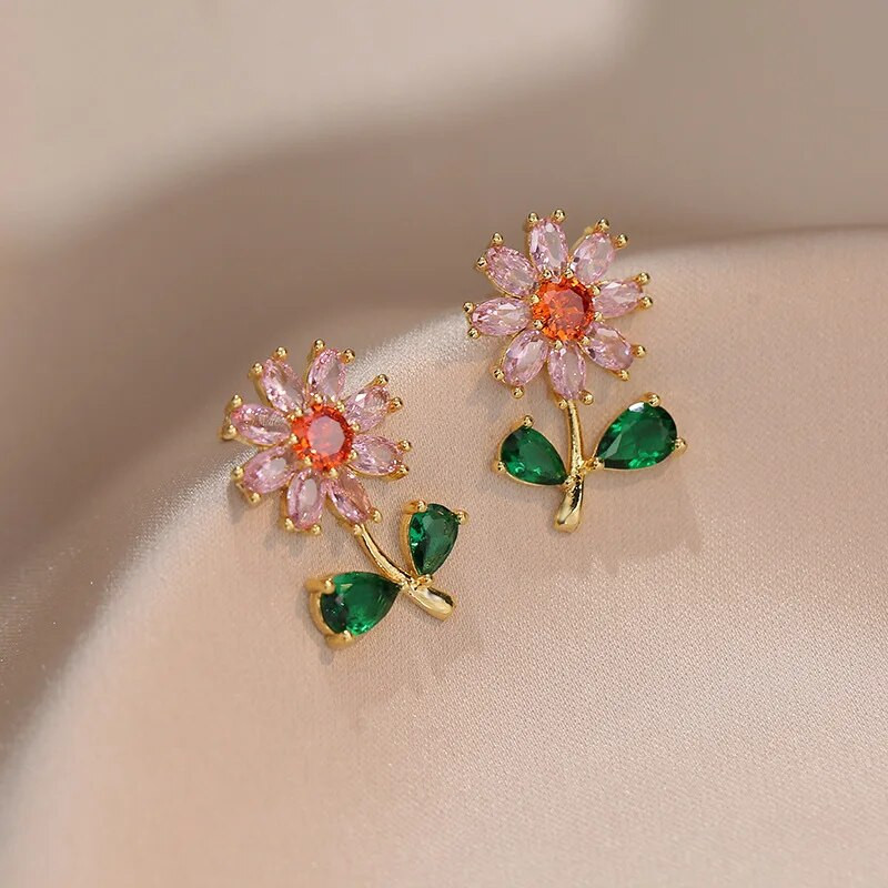 Spalvingi cirkonio gėlių auskarai ir pakabukai raktikaulio kaklo karoliai moterims nerūdijančio plieno grandinėlės nuotakos vestuvinių papuošalų rinkiniai