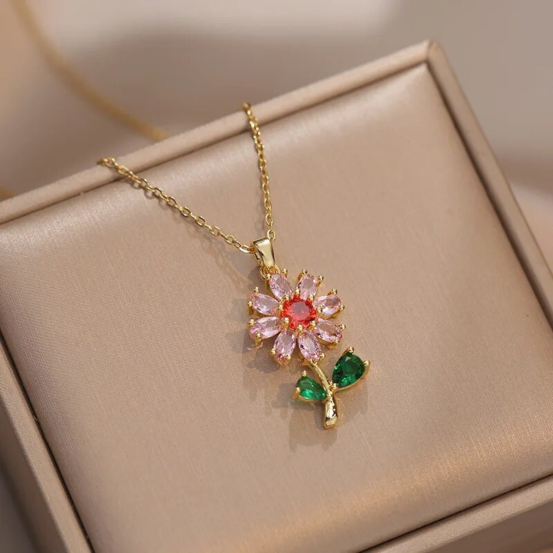 Spalvingi cirkonio gėlių auskarai ir pakabukai raktikaulio kaklo karoliai moterims nerūdijančio plieno grandinėlės nuotakos vestuvinių papuošalų rinkiniai