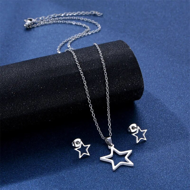 Roostevabast terasest kõrvarõngad kaelakee komplekt naistele Klassikaline õõnes Star Choker ripats Kaelakee Kihlus Ehted TZ174