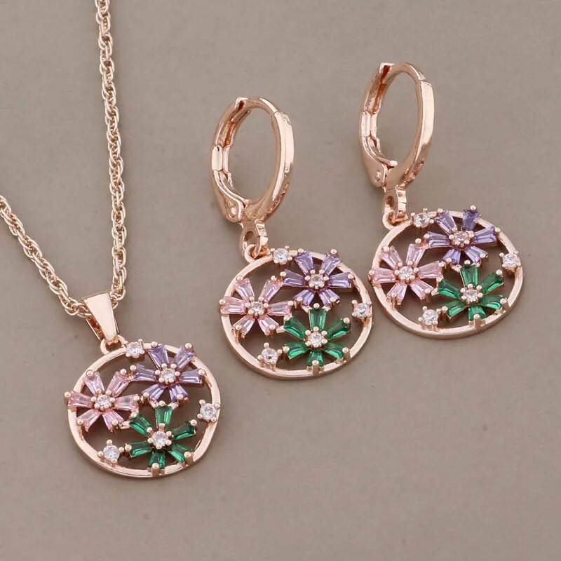 Uus trendikas 585 roosikulla värvi ümmarguste kõrvarõngaste ja ripatsite komplekt 2023 luksuslik kõrge kvaliteediga naturaalsest tsirkoonist ehete komplekt