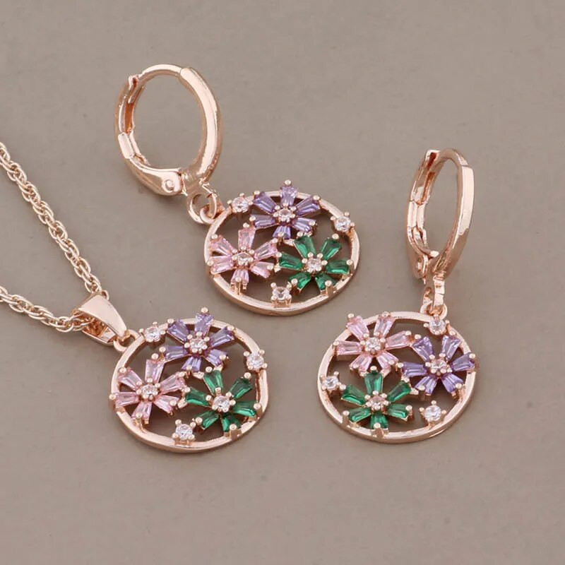 Uus trendikas 585 roosikulla värvi ümmarguste kõrvarõngaste ja ripatsite komplekt 2023 luksuslik kõrge kvaliteediga naturaalsest tsirkoonist ehete komplekt