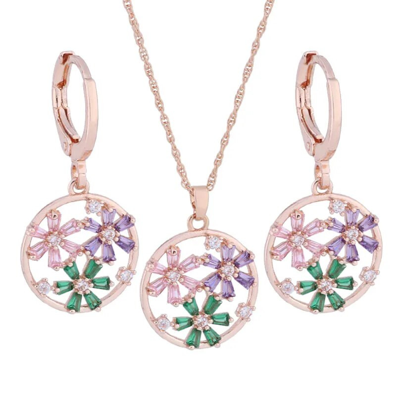 Uus trendikas 585 roosikulla värvi ümmarguste kõrvarõngaste ja ripatsite komplekt 2023 luksuslik kõrge kvaliteediga naturaalsest tsirkoonist ehete komplekt