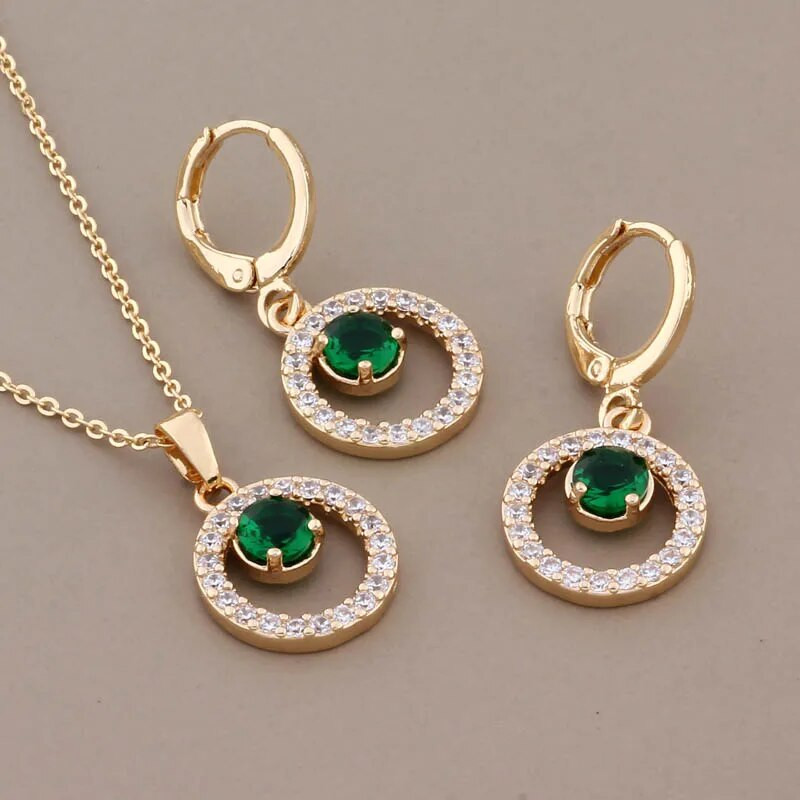 Uus trend 2023 kullavärvi armsad ümmarguste kõrvarõngaste komplektid naistele Roheline tsirkoon Aksessuaarid Igapäevased ehtekomplektid Tüdrukutele Kingitus