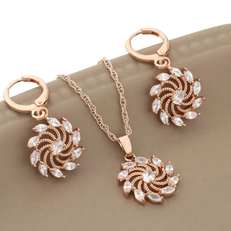 Luksuslikud kvaliteetsed ehted Trend 585 roosikulla värvi lilledega kõrvarõngaste komplektid naistele Naturaalsest tsirkoonist Vintage pulmaehtete komplektid