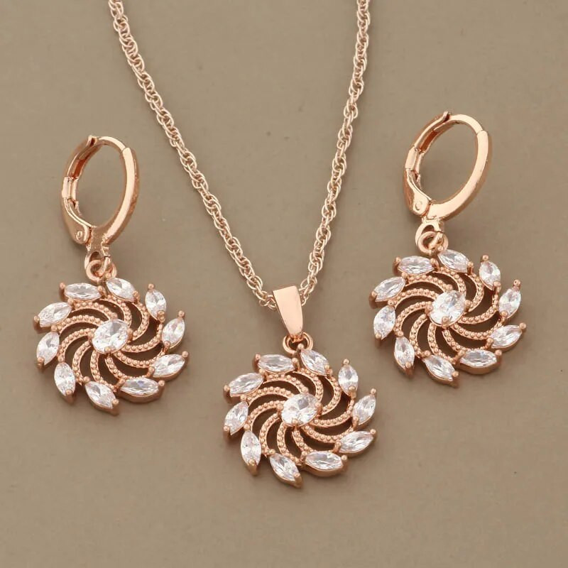 Luksuslikud kvaliteetsed ehted Trend 585 roosikulla värvi lilledega kõrvarõngaste komplektid naistele Naturaalsest tsirkoonist Vintage pulmaehtete komplektid