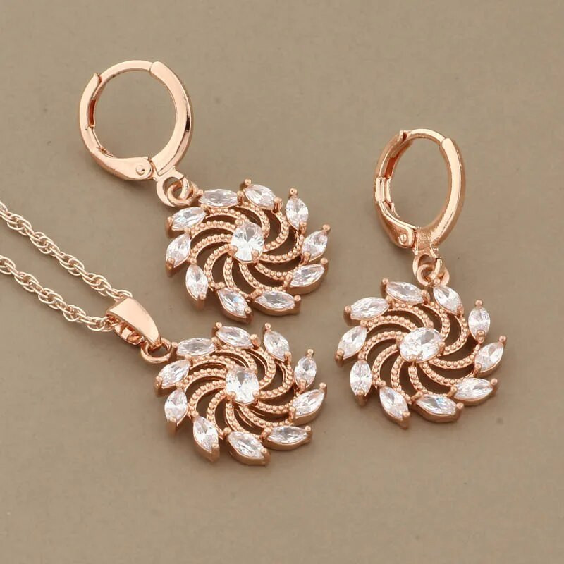 Luksuslikud kvaliteetsed ehted Trend 585 roosikulla värvi lilledega kõrvarõngaste komplektid naistele Naturaalsest tsirkoonist Vintage pulmaehtete komplektid