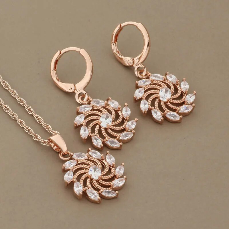 Luksuslikud kvaliteetsed ehted Trend 585 roosikulla värvi lilledega kõrvarõngaste komplektid naistele Naturaalsest tsirkoonist Vintage pulmaehtete komplektid