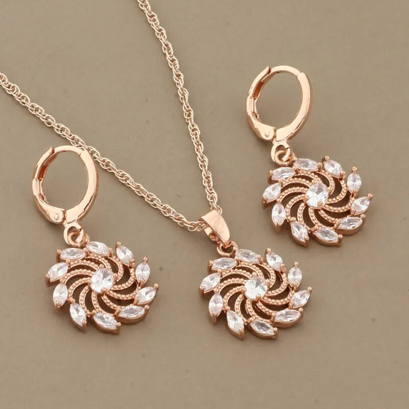 Luksuslikud kvaliteetsed ehted Trend 585 roosikulla värvi lilledega kõrvarõngaste komplektid naistele Naturaalsest tsirkoonist Vintage pulmaehtete komplektid