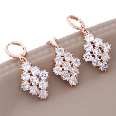 Jauni modes luksusa kvalitātes juvelierizstrādājumu komplekti 585 rožu zelta krāsa dabīgā cirkona piekārtie auskari eleganti sieviešu komplekti