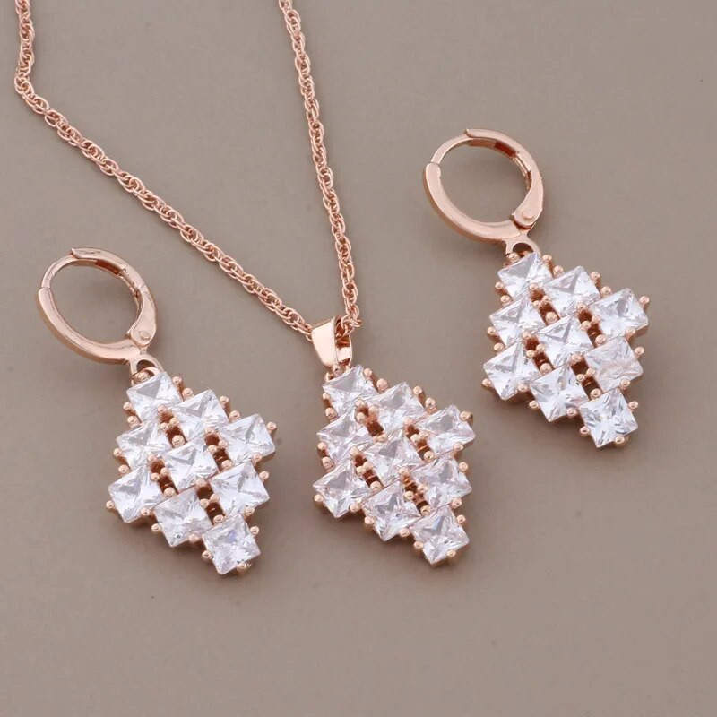 Jauni modes luksusa kvalitātes juvelierizstrādājumu komplekti 585 rožu zelta krāsa dabīgā cirkona piekārtie auskari eleganti sieviešu komplekti