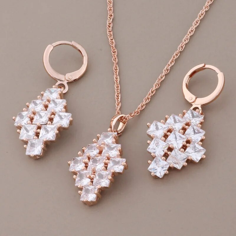 Jauni modes luksusa kvalitātes juvelierizstrādājumu komplekti 585 rožu zelta krāsa dabīgā cirkona piekārtie auskari eleganti sieviešu komplekti