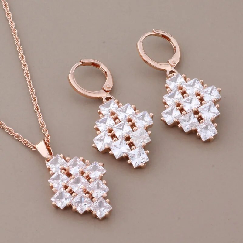 Jauni modes luksusa kvalitātes juvelierizstrādājumu komplekti 585 rožu zelta krāsa dabīgā cirkona piekārtie auskari eleganti sieviešu komplekti