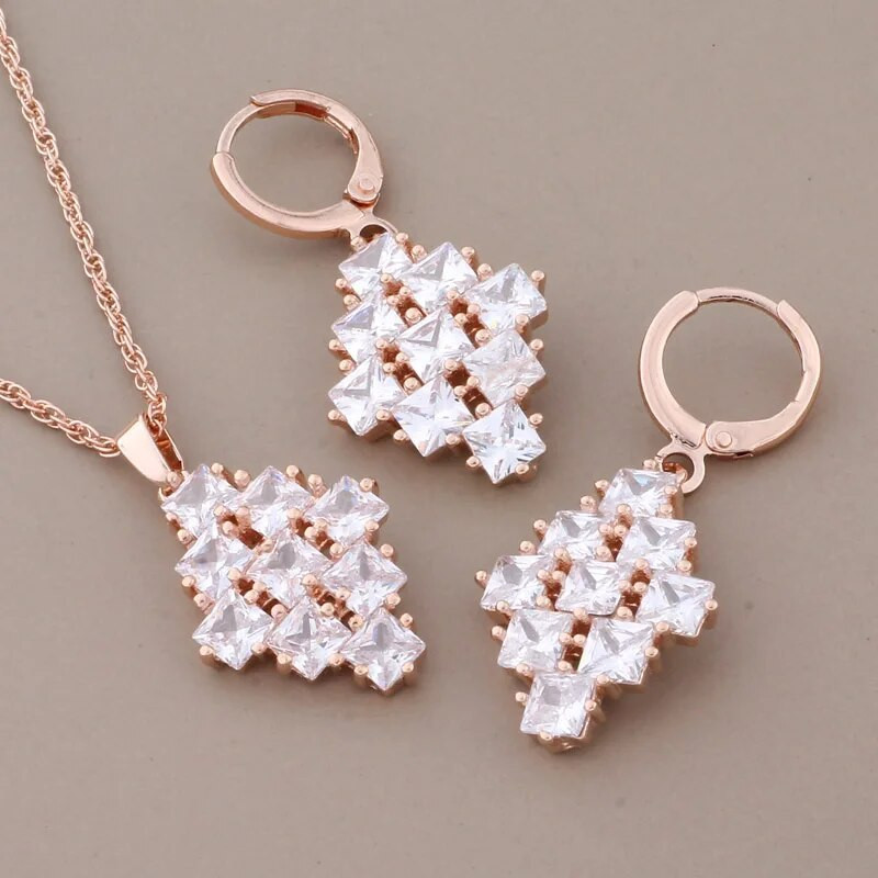 Jauni modes luksusa kvalitātes juvelierizstrādājumu komplekti 585 rožu zelta krāsa dabīgā cirkona piekārtie auskari eleganti sieviešu komplekti