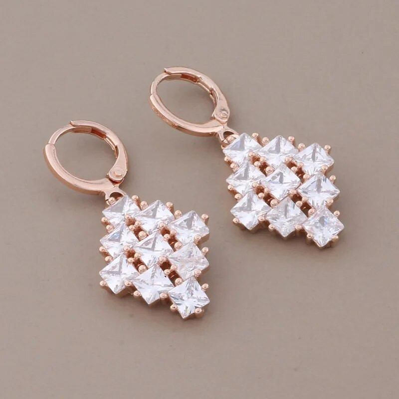 Jauni modes luksusa kvalitātes juvelierizstrādājumu komplekti 585 rožu zelta krāsa dabīgā cirkona piekārtie auskari eleganti sieviešu komplekti