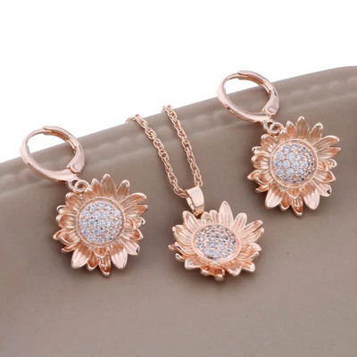 Luksuslikud ehete komplektid Trend Kvaliteetne valge tsirkoon roosikulla värvi lilledega kõrvarõngad naistele Elegantne naiste komplekt