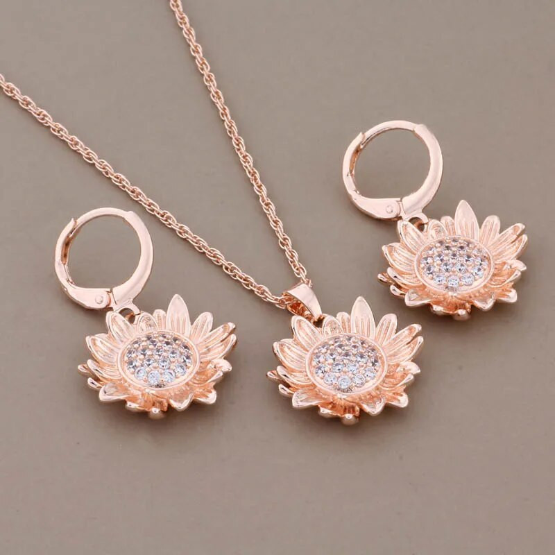 Luksuslikud ehete komplektid Trend Kvaliteetne valge tsirkoon roosikulla värvi lilledega kõrvarõngad naistele Elegantne naiste komplekt