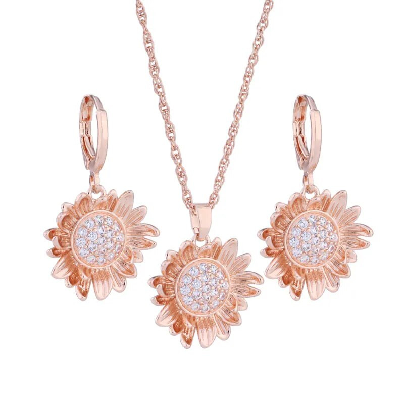 Luksuslikud ehete komplektid Trend Kvaliteetne valge tsirkoon roosikulla värvi lilledega kõrvarõngad naistele Elegantne naiste komplekt