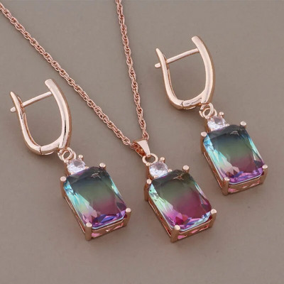 Cercei pătrați cu zircon de lux de înaltă calitate Seturi de bijuterii suspendate pentru femei Seturi de cercei la modă de culoare aur roz 585