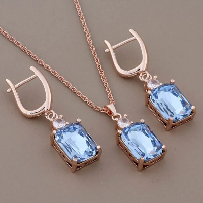 Cercei pătrați cu zircon de lux de înaltă calitate Seturi de bijuterii suspendate pentru femei Seturi de cercei la modă de culoare aur roz 585