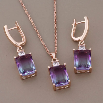 Cercei pătrați cu zircon de lux de înaltă calitate Seturi de bijuterii suspendate pentru femei Seturi de cercei la modă de culoare aur roz 585