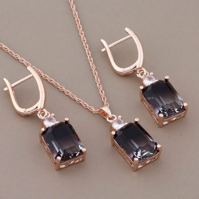 Cercei pătrați cu zircon de lux de înaltă calitate Seturi de bijuterii suspendate pentru femei Seturi de cercei la modă de culoare aur roz 585