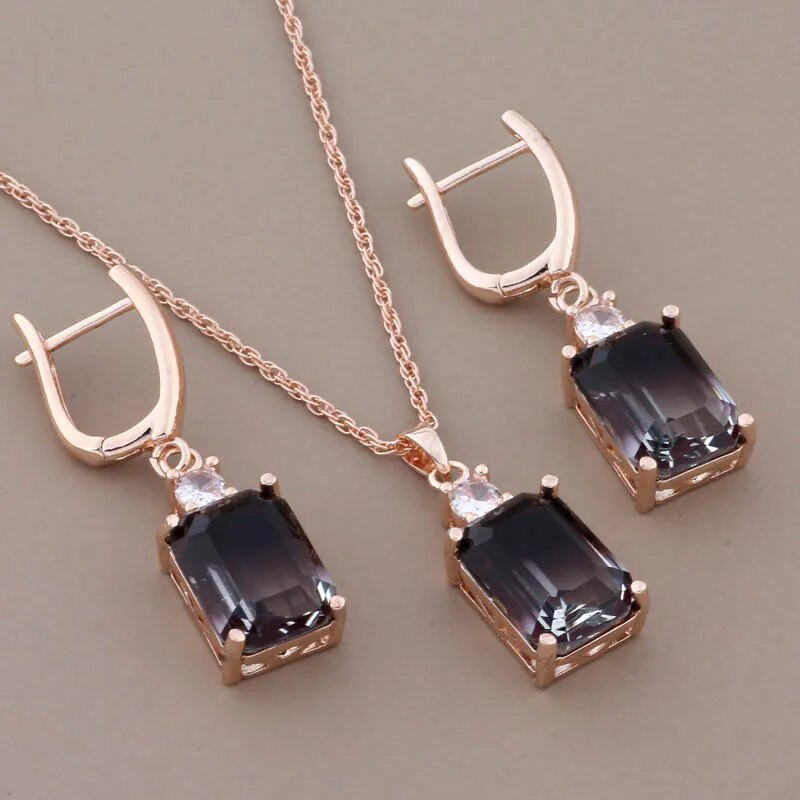 Cercei pătrați cu zircon de lux de înaltă calitate Seturi de bijuterii suspendate pentru femei Seturi de cercei la modă de culoare aur roz 585