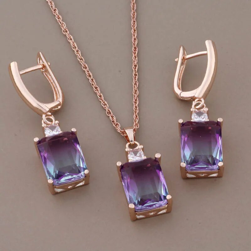 Cercei pătrați cu zircon de lux de înaltă calitate Seturi de bijuterii suspendate pentru femei Seturi de cercei la modă de culoare aur roz 585