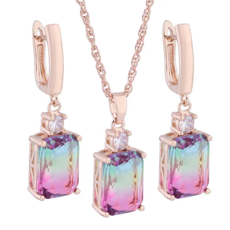 Cercei pătrați cu zircon de lux de înaltă calitate Seturi de bijuterii suspendate pentru femei Seturi de cercei la modă de culoare aur roz 585