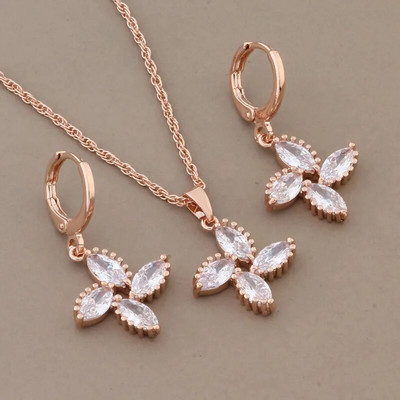 Set de bijuterii de lux de calitate, cercei și pandantiv de epocă, cu flori de zircon natural, de culoare aur trandafir nou