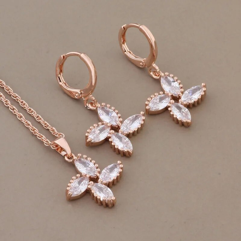 Set de bijuterii de lux de calitate, cercei și pandantiv de epocă, cu flori de zircon natural, de culoare aur trandafir nou