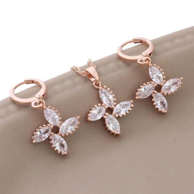 Set de bijuterii de lux de calitate, cercei și pandantiv de epocă, cu flori de zircon natural, de culoare aur trandafir nou