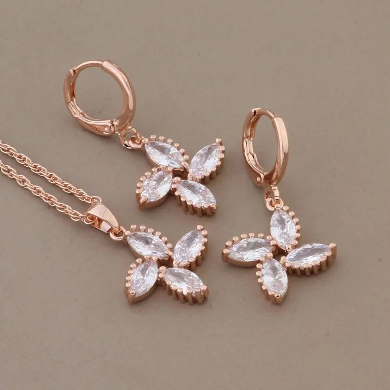 Set de bijuterii de lux de calitate, cercei și pandantiv de epocă, cu flori de zircon natural, de culoare aur trandafir nou