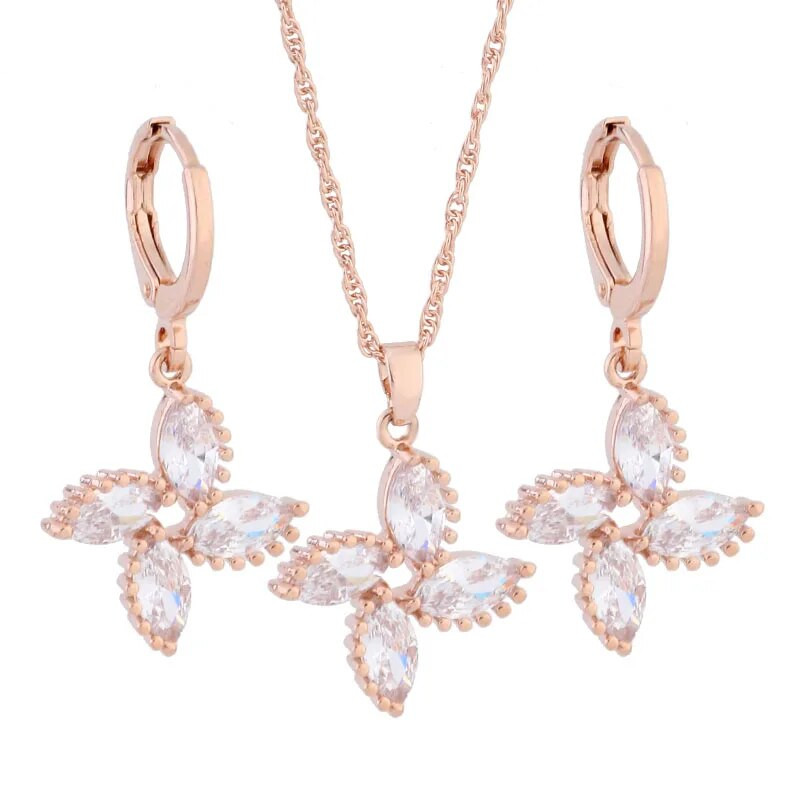 Set de bijuterii de lux de calitate, cercei și pandantiv de epocă, cu flori de zircon natural, de culoare aur trandafir nou