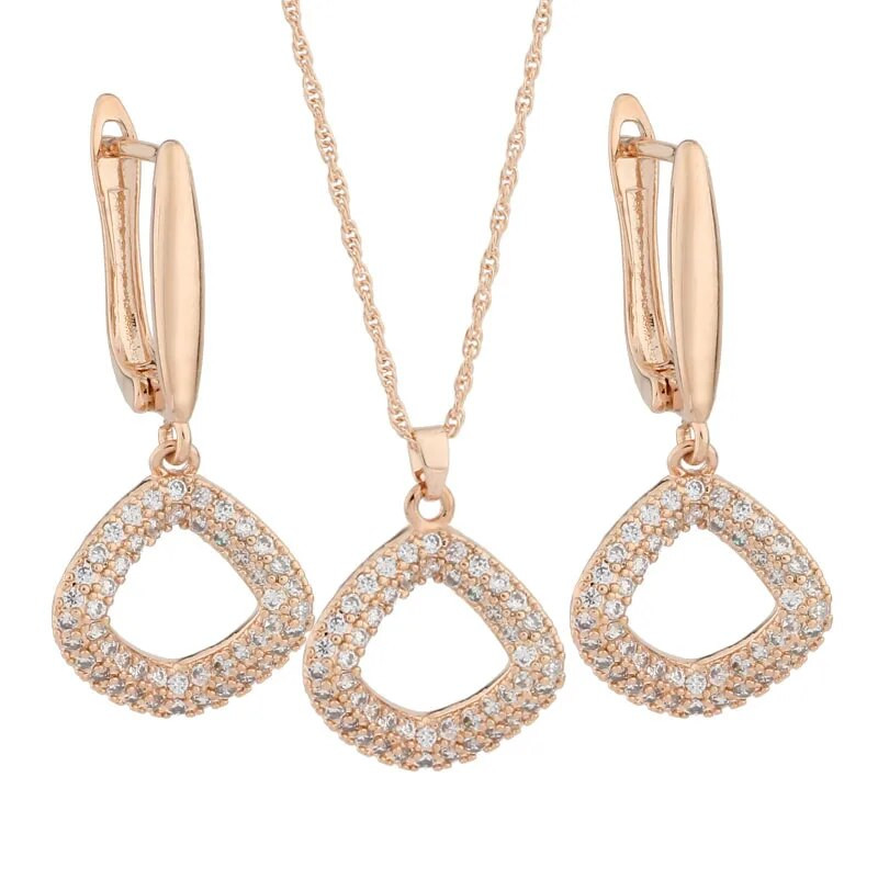 Luksuslikud naiste komplektid Kõrvarõngad ja ripats Kvaliteetsed läikiva kuupmeetri tsirkooniumoksiidist ehtekomplektid 585 roosa kullavärvi ehtekomplektid