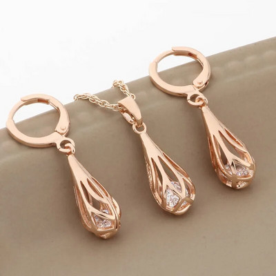 Trendi nakit od 585 ružičastog zlata, šuplje viseće naušnice i setovi privjesaka za žene, prirodni cirkon, luksuzni set nakita kvalitete