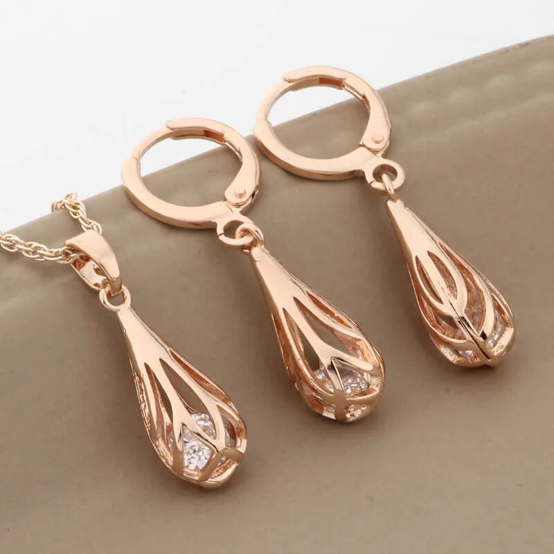 Trendi nakit od 585 ružičastog zlata, šuplje viseće naušnice i setovi privjesaka za žene, prirodni cirkon, luksuzni set nakita kvalitete