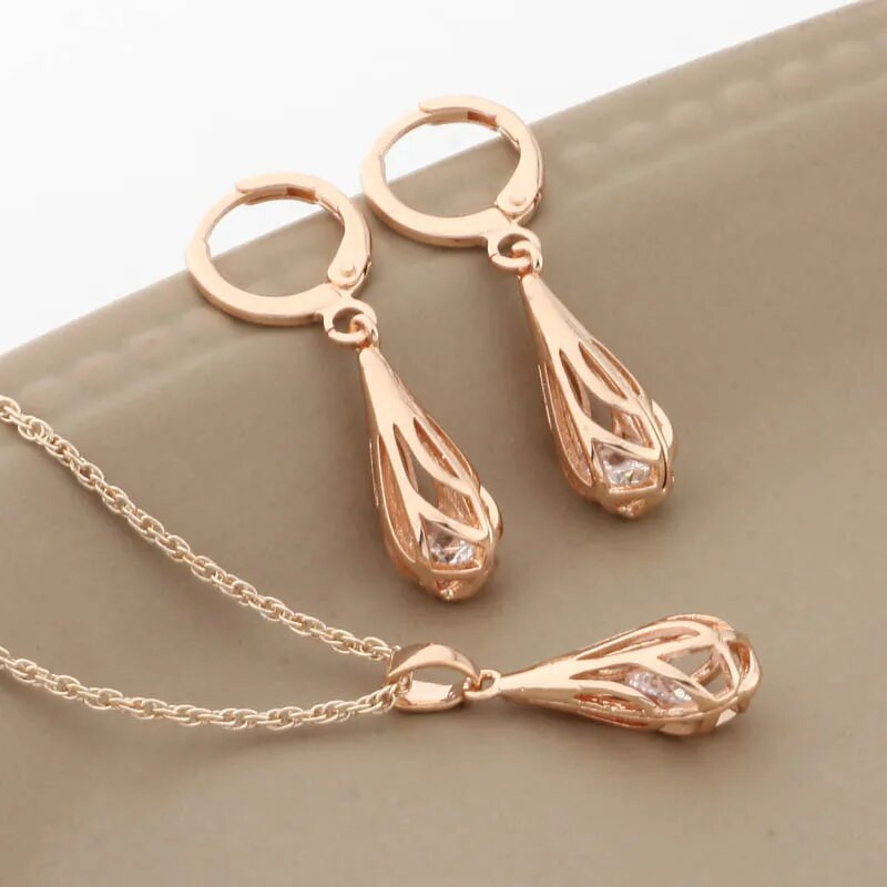 Trendi nakit od 585 ružičastog zlata, šuplje viseće naušnice i setovi privjesaka za žene, prirodni cirkon, luksuzni set nakita kvalitete