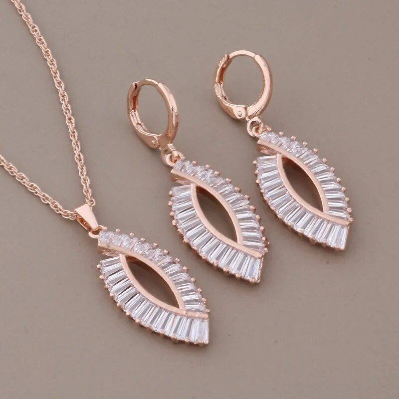 Uue moe luksusliku kvaliteediga ehtekomplektid 585 roosikulla värvi naturaalsest tsirkoonist suur kõrvarõnga ja ripatsiga elegantne naiste komplekt