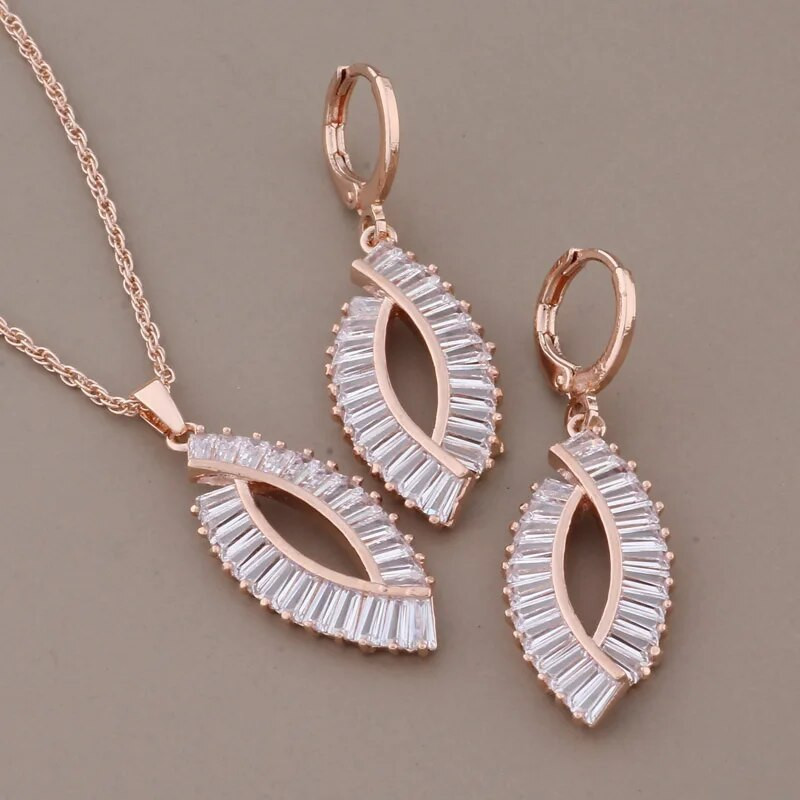 Uue moe luksusliku kvaliteediga ehtekomplektid 585 roosikulla värvi naturaalsest tsirkoonist suur kõrvarõnga ja ripatsiga elegantne naiste komplekt