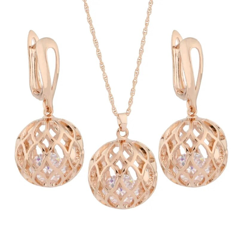 Jauni liela raksta dobi juvelierizstrādājumu komplekti 585 rožu zelta krāsā ar kubiskā cirkonija oksiju sievietēm, grebti unikāli modes juvelierizstrādājumu komplekti